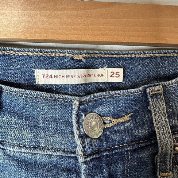 Levis Jeans Womens 724 High Rise Straight Crop Blue Stretch Denim Distressed 25 - Picture 4 of 12